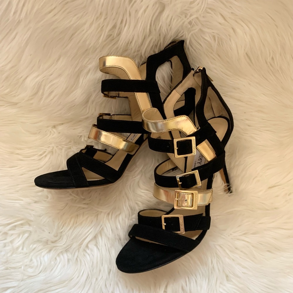 JIMMY CHOO Logo Bronx Strappy Suede Leather Heels - Picture 6 of 15